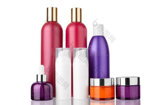 头发,身体化妆品塑料制品瓶子,面容乳霜,血清玻璃肤蝇的幼虫