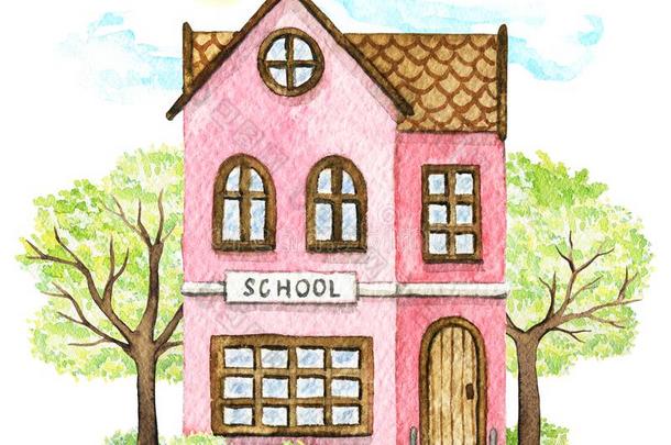 水彩粉红色的漫画学校建筑物被环绕着的风景