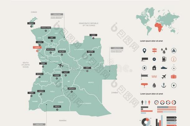 矢量地图关于安哥拉棉毛呢.高的详细的国家地图和分开,