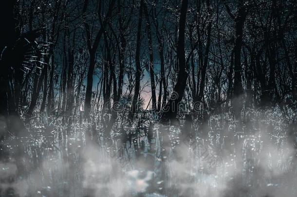 一令人毛骨悚然的gothicscriptorgothictype哥特式书写体月光照耀的有雾的森林在夜.Gre在为恐怖,