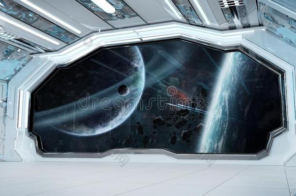白色的蓝色宇宙飞船未来的内部和窗看法向休闲健身中心