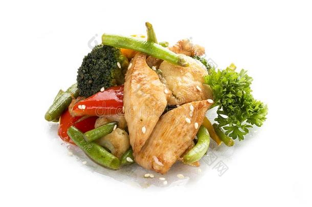 鸡,喝醉了的采用锅和<strong>蔬菜</strong>采用大豆调味汁.亚洲人午餐