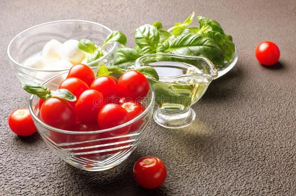 红白小碟沙拉.番茄,罗勒属植物,意大利干酪和油