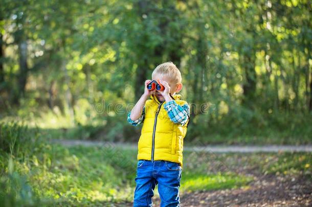 男孩扫描自然和双筒望远镜