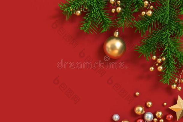 红色的地面和圣诞节树-叶子金属的金球