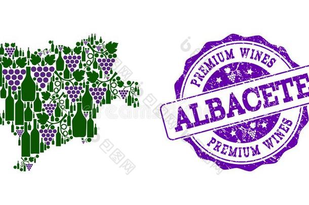 拼贴画关于葡萄葡萄酒地图关于阿尔瓦塞特省份和额外费用葡萄酒s