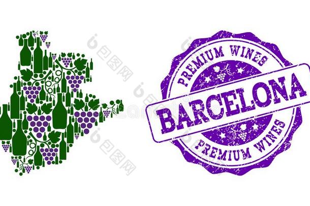 拼贴画关于葡萄葡萄酒地图关于巴塞罗那省份和额外费用葡萄酒