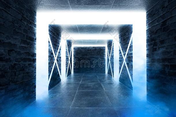 抽象的空的隧道,走廊,被照明的在旁边氖光,烟熏