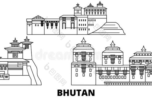 不丹线条<strong>旅</strong>行sky线条放置.不丹out线条城市矢量图解