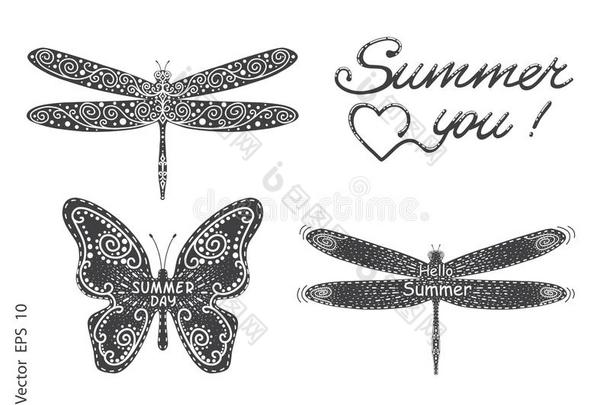 轮廓关于昆虫,蝴蝶,蜻蜓.夏标签,理念