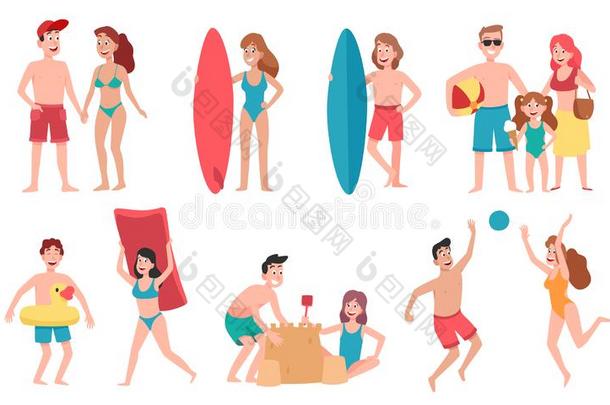 海滩人.家庭假日假期,日光浴向海滩和英语字母表的第8个字母