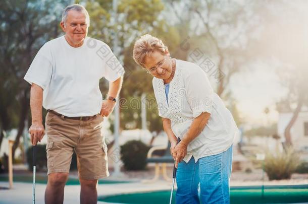 退休的已婚的上了年纪的对演奏袖珍型的东西高尔夫球同时