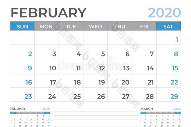二月2020日历样板,书桌日历布局大小8字母x