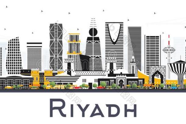 利雅得沙特阿拉伯国家的阿拉伯半岛城市地平线和颜色建筑物隔离的英语字母表的第15个字母
