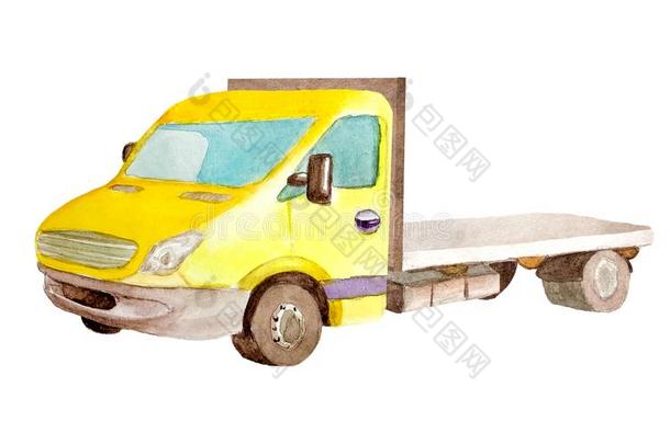 水彩黄色的有平台可装货的卡车或拖货车向白色的背景伊索拉