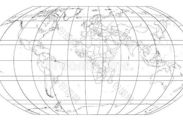 世界地图和子午圈和导轨格子向白色的背景.