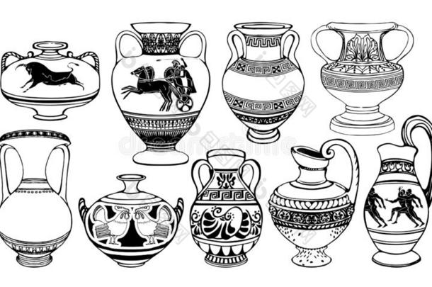 放置关于古老的希腊人双耳细颈椭圆土罐和装饰