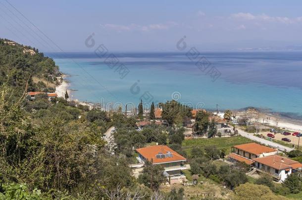 全景的看法关于海滩关于城镇关于再见,卡桑德拉半岛,哈尔基季基半岛