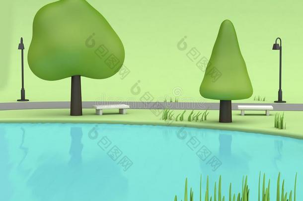 池塘蓝色水采用绿色的公园夏观念和低的工艺学校树