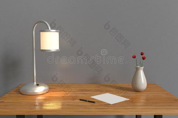 灰色的房间和木材表,灯笔空白的纸装饰瓶和红色的流