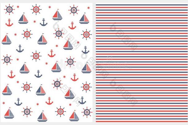 可爱的海上的矢量榜样放置.红色的和蓝色小船,锚
