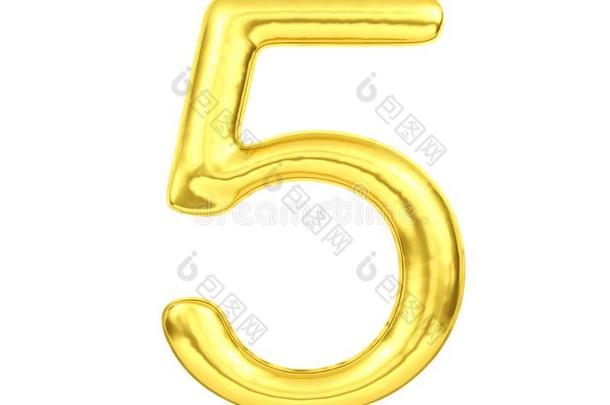 数词5,金色的气球数字num.五隔离的向白色的后台