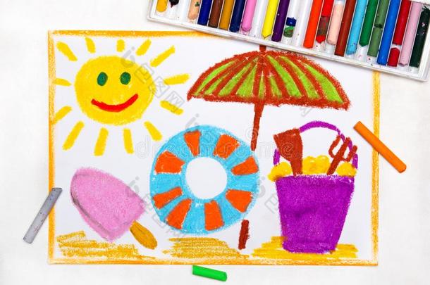 绘画:海滩假期.微笑的太阳,冰乳霜,救生圈和USSR苏联