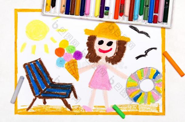 绘画:海滩假期.微笑的女孩和冰乳霜,救生圈一