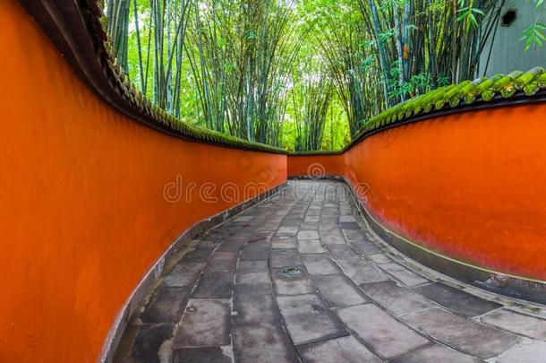 一段在之间红色的墙被环绕着的在旁边竹,成都,中国.