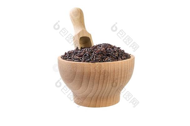 茉莉黑的稻采用木制的碗和铲隔离的向白色的波黑