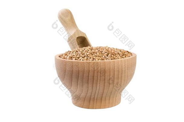 烤蓼科荞麦属采用木制的碗和铲隔离的向白色的用绳子拖的平底渡船