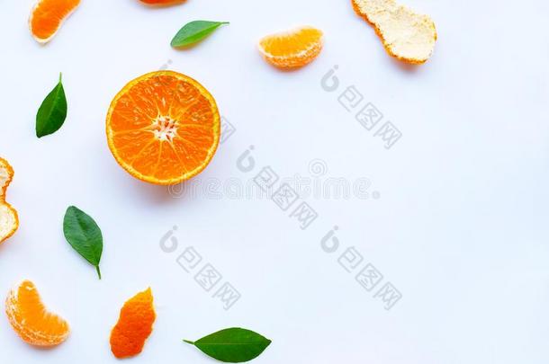 新鲜的<strong>桔子柑橘</strong>属果树成果和绿色的树叶向<strong>白</strong>色的