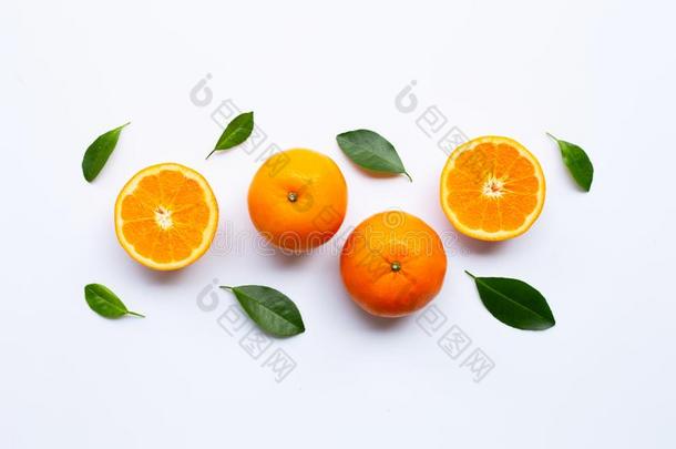 新鲜的<strong>桔子柑橘</strong>属果树成果和树叶向<strong>白</strong>色的背景