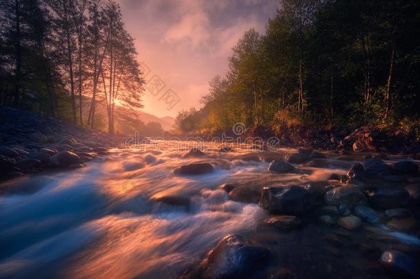美丽的日出越过快的流动的山河