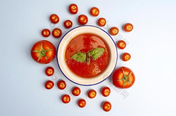 西班牙凉菜寒冷的夏素食者番茄汤和罗勒属植物采用一碗