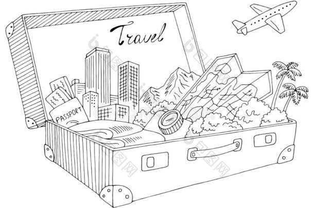 行李袋风景图解的黑的白色的旅行草图厄斯特拉