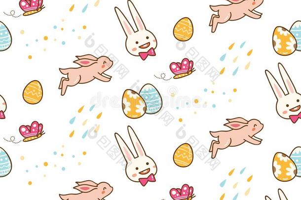 卡哇伊复活节兔子和鸡蛋无缝的背景