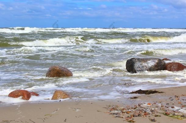 波罗的海的海海滩采用有暴风雨的天气和海波