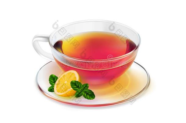 玻璃<strong>茶水杯</strong>子和黑的<strong>茶</strong>水和柠檬