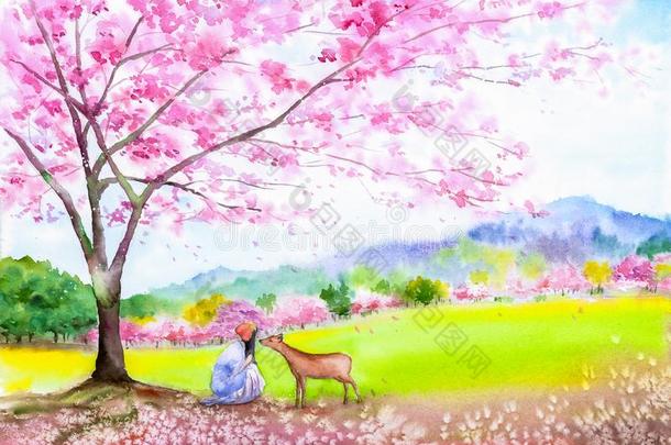 水彩绘画-鹿和樱花树