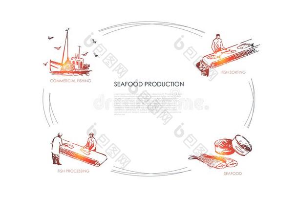海产食品生产-商业的捕鱼,鱼资料排架,海产食品,
