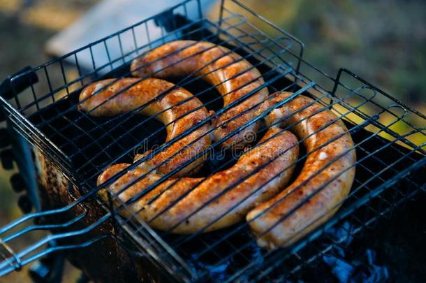 自然的射手关于烧烤腊肠向烤架烧烤.barbecue吃烤烧肉的野餐采用指已提到的人