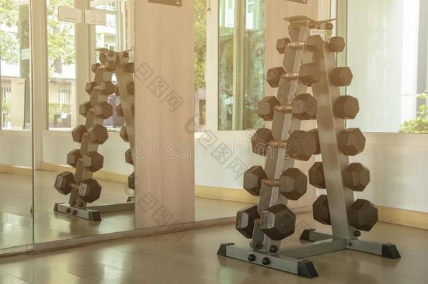 有关运动的设备指已提到的人房间健身房内部.哑铃和重量.
