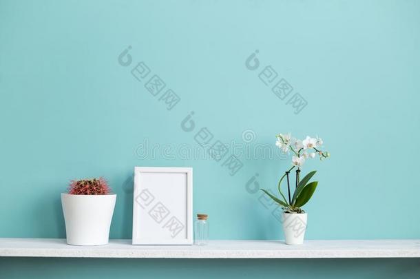 白色的架子反对彩色粉笔绿松石墙和<strong>盆栽</strong>的<strong>兰花</strong>和