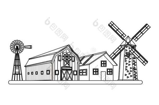 农场谷仓和<strong>风车</strong>风涡轮机黑的和白色的