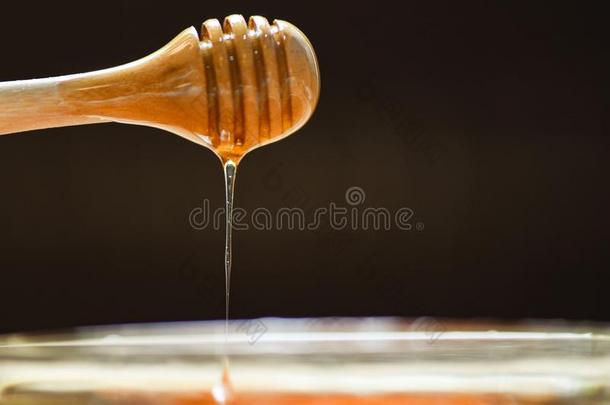 蜂蜜滴黄色的甜的从木制的浸渍者蜂蜜向罐子和
