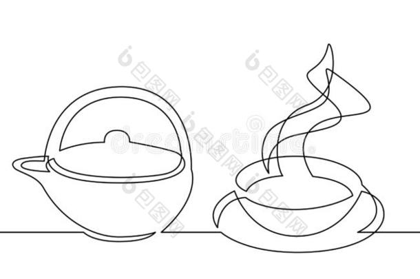 连续的线条绘画关于茶水罐和热的茶水杯子