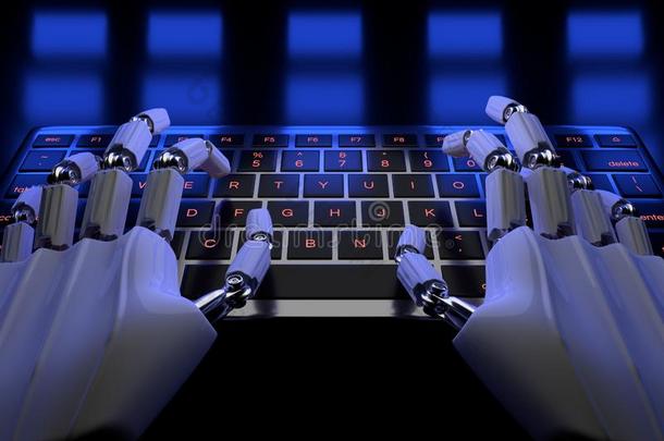 机器人的电子人手使用计算机.手关于机器人打字向钥匙