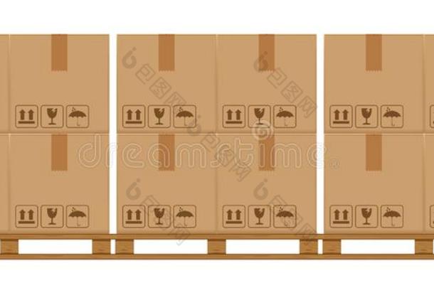 板条箱盒向多树木的托盘,木材托盘和卡纸板盒采用