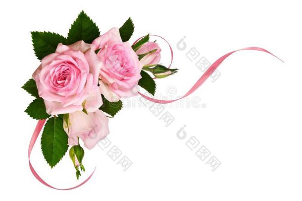 粉红色的玫瑰花和绿色的树叶和丝带采用一角落